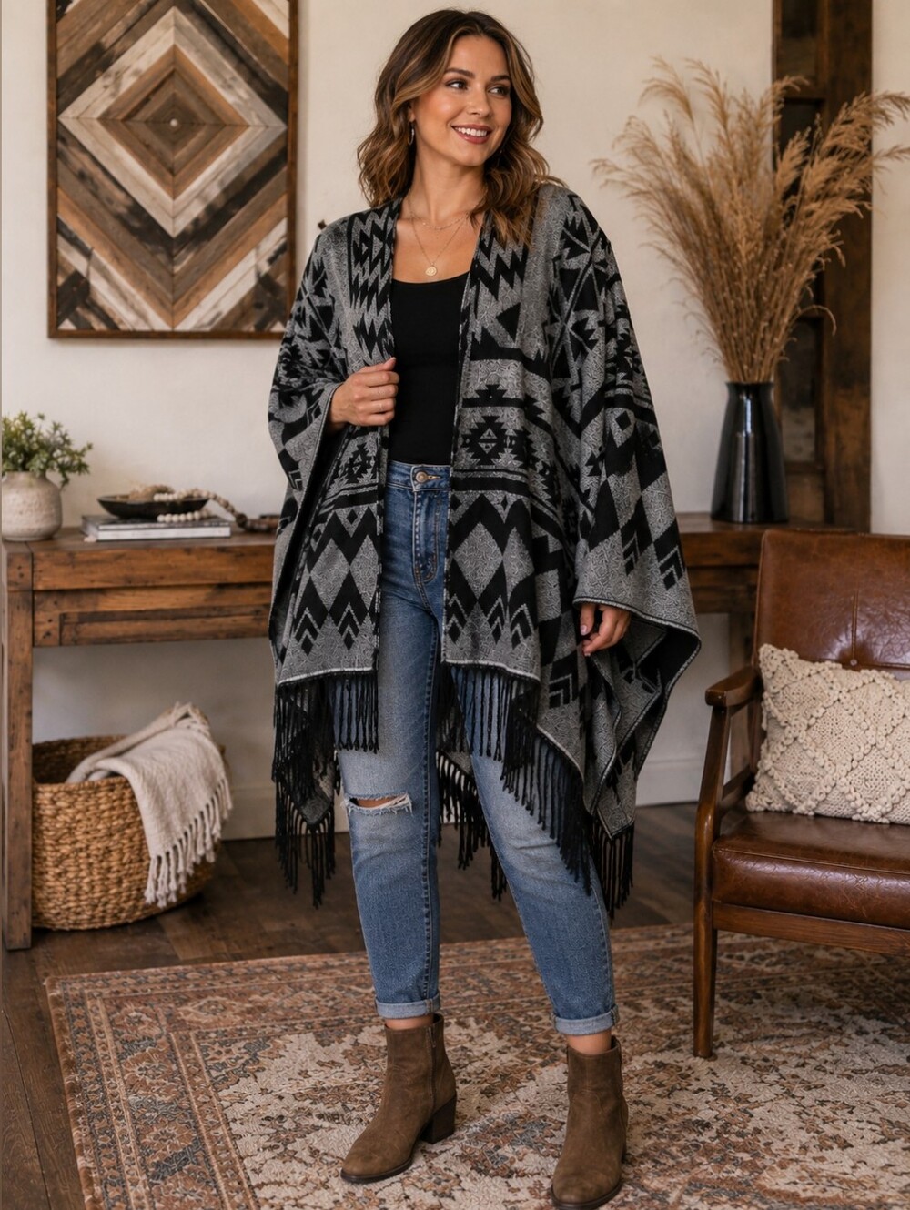 RUE21 Gray Black Aztec Fringe Open Front Cape Poncho Southwestern Boho One Size
